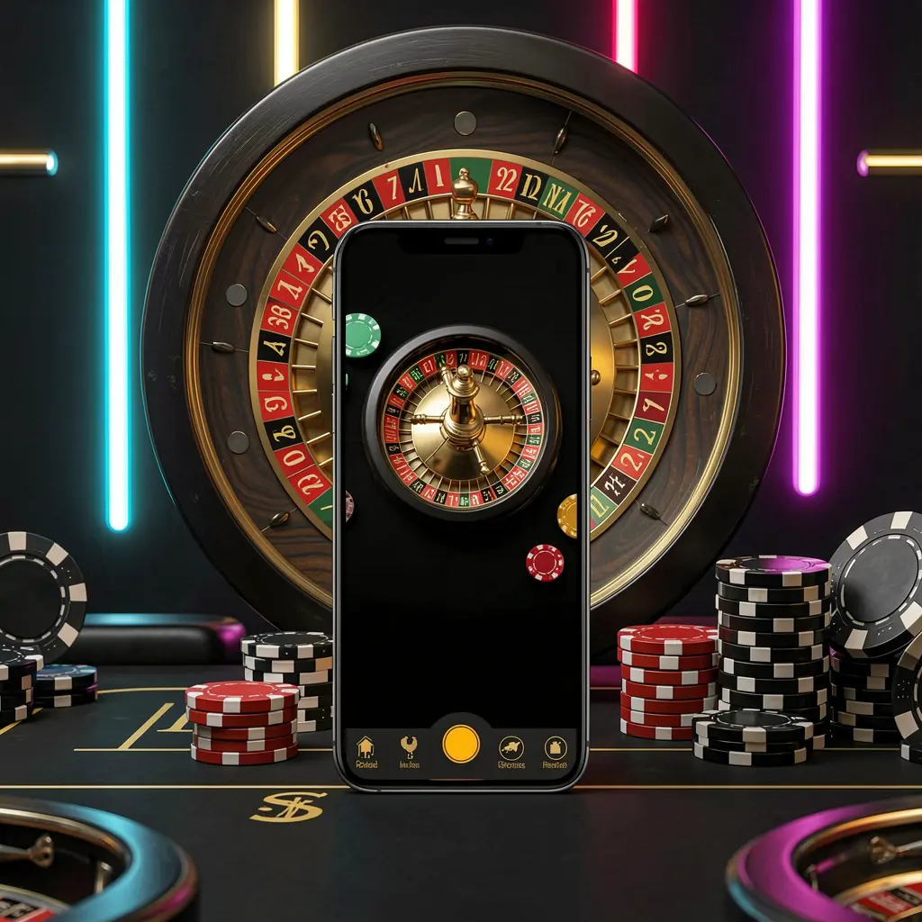 Adegan aplikasi kasino seluler PP62 yang menampilkan ponsel di tengah dengan roda roulette dan chip poker di latar belakang yang diterangi lampu neon bercahaya dalam gaya hitam dan emas premium