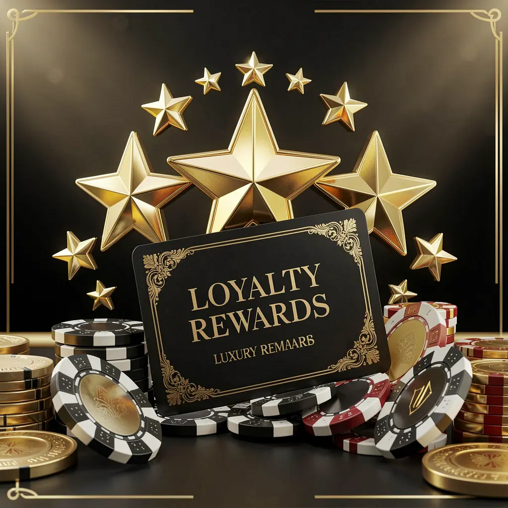 Gambar kasino hadiah loyalitas PP62 yang menampilkan bintang emas, chip poker, koin, dan kartu hadiah mewah dengan latar belakang hitam dan emas yang elegan dalam render 3D realistis