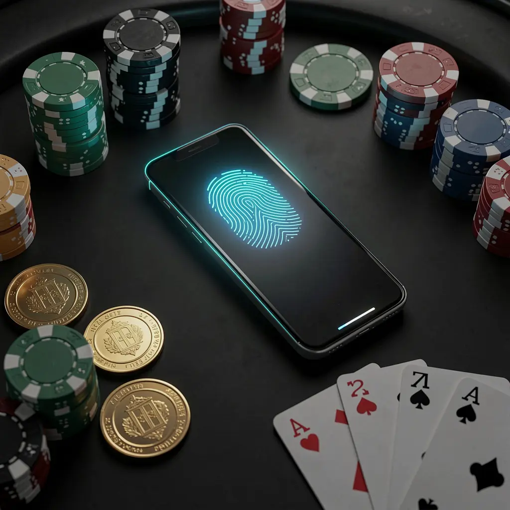 Konsep autentikasi kasino online PP62 yang menampilkan ponsel dengan pemindaian sidik jari bercahaya di atas meja hitam premium yang dikelilingi chip poker, koin emas, dan kartu remi dalam render 3D sinematik