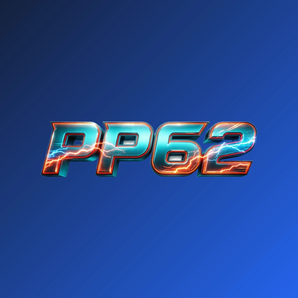 Logo permainan PP62 yang berani dengan huruf 3D kuat dalam warna energik, tanda kata persegi panjang horizontal modern terinspirasi esports pada latar belakang transparan