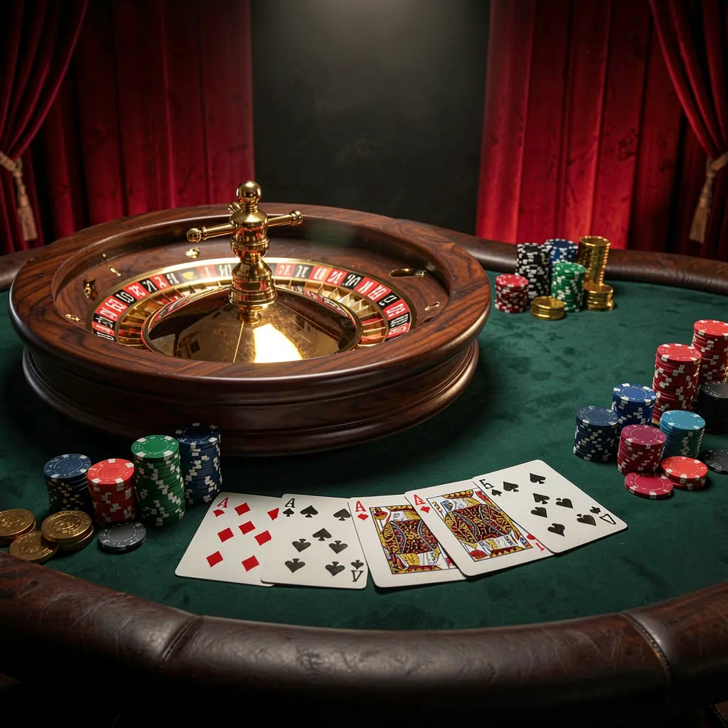 Gambar utama platform kasino online PP62 yang menampilkan meja permainan elegan dengan roulette, kartu blackjack, chip poker, dan koin di bawah pencahayaan sinematik mewah dengan latar belakang hitam dan merah